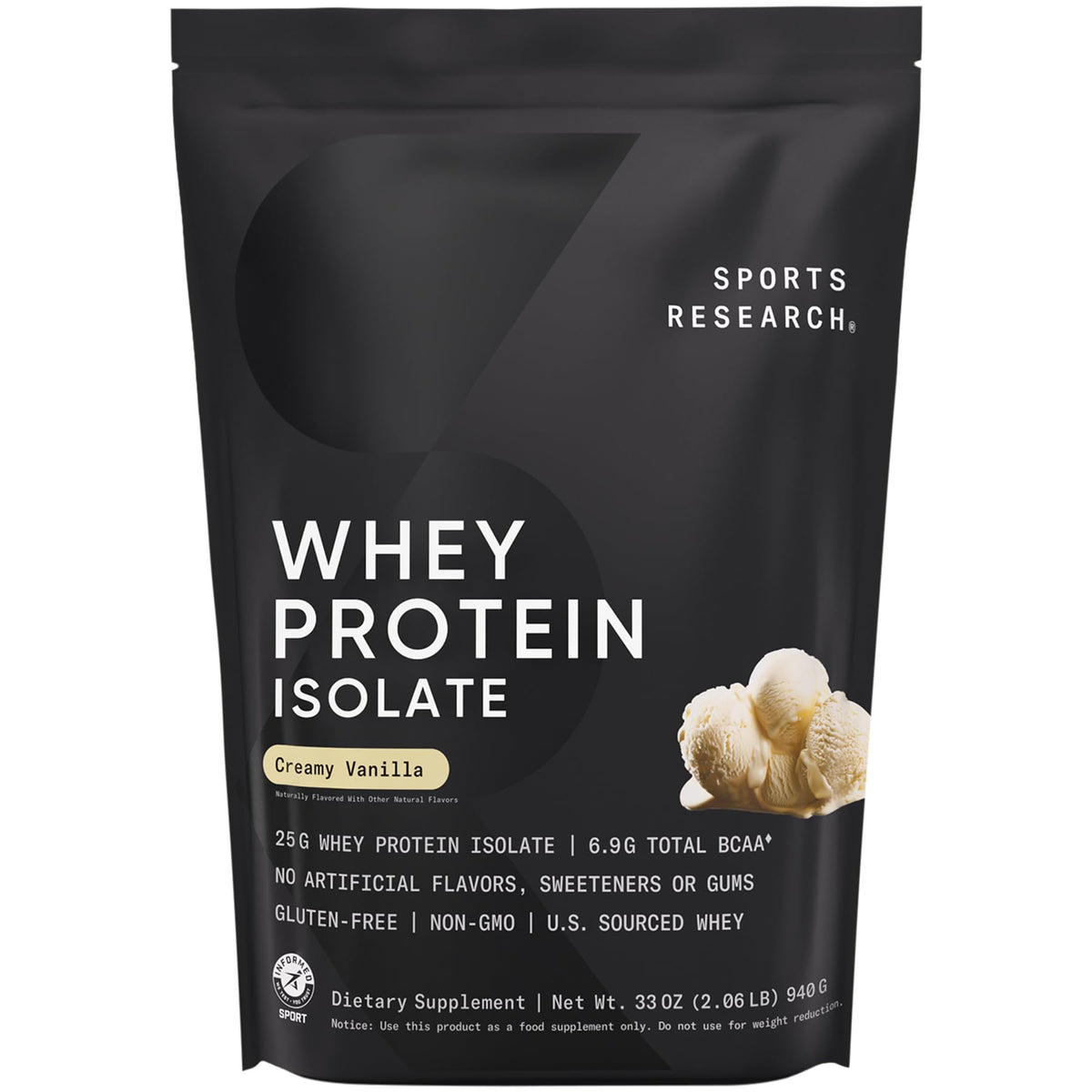Sports Research Whey Protein Isolate vanilla bag front view highlighting high-protein per serving