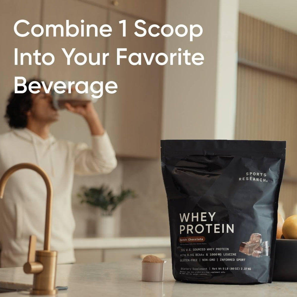 Sports Research Whey Protein Isolate vanilla bottle scoop for convenient serving in shakes