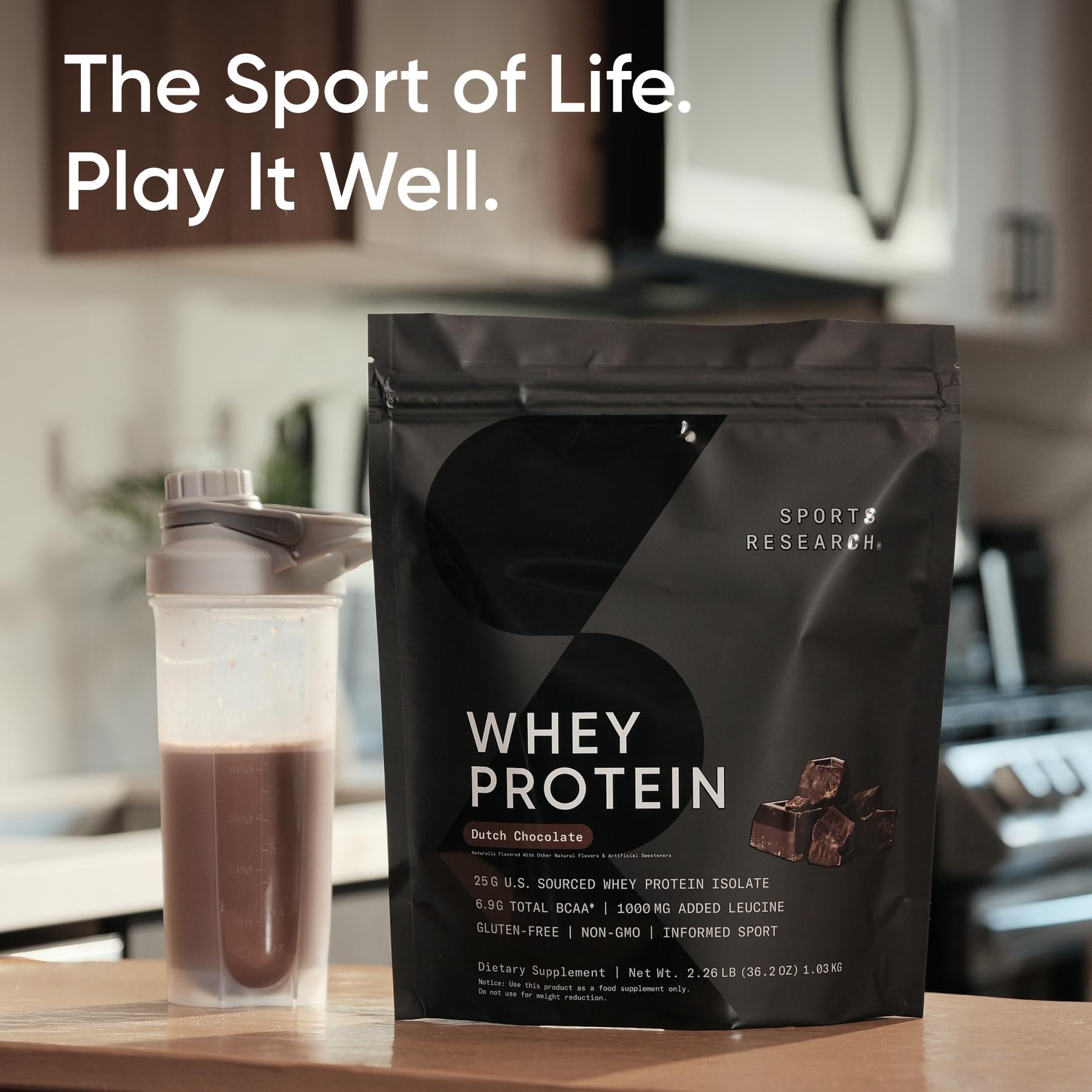 Sports Research Whey Protein nutrition label highlights BCAAs and calories.