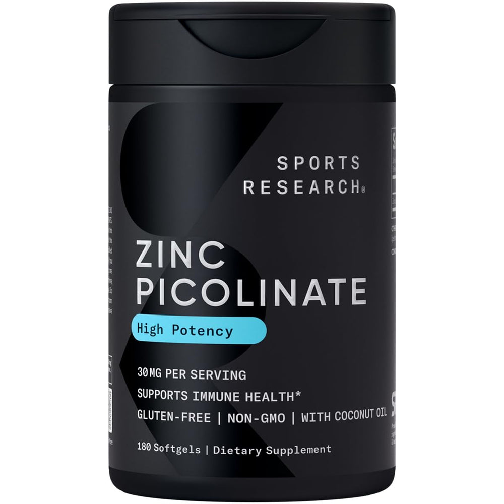 Sports Research Zinc Picolinate bottle showing 30 mg zinc for daily use