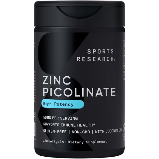 Sports Research zinc picolinate 50mg bottle with coconut oil for absorption.
