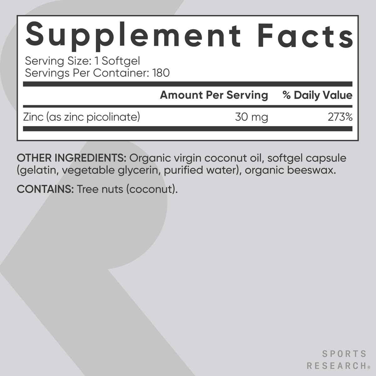 Dosage information on Sports Research Zinc Picolinate packaging