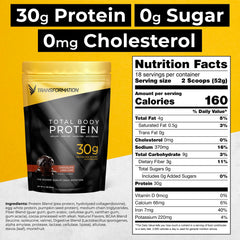 SPR BODY Transformation Protein Super Blend chocolate powder being scooped for convenient daily protein