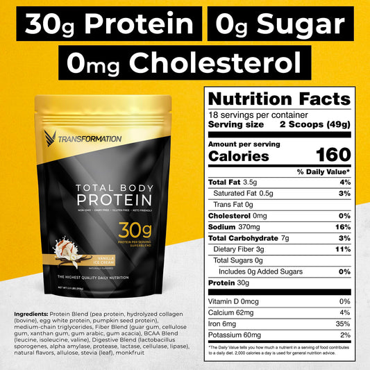 SPR BODY Transformation Protein Vanilla powder scoop highlights convenient daily protein intake.