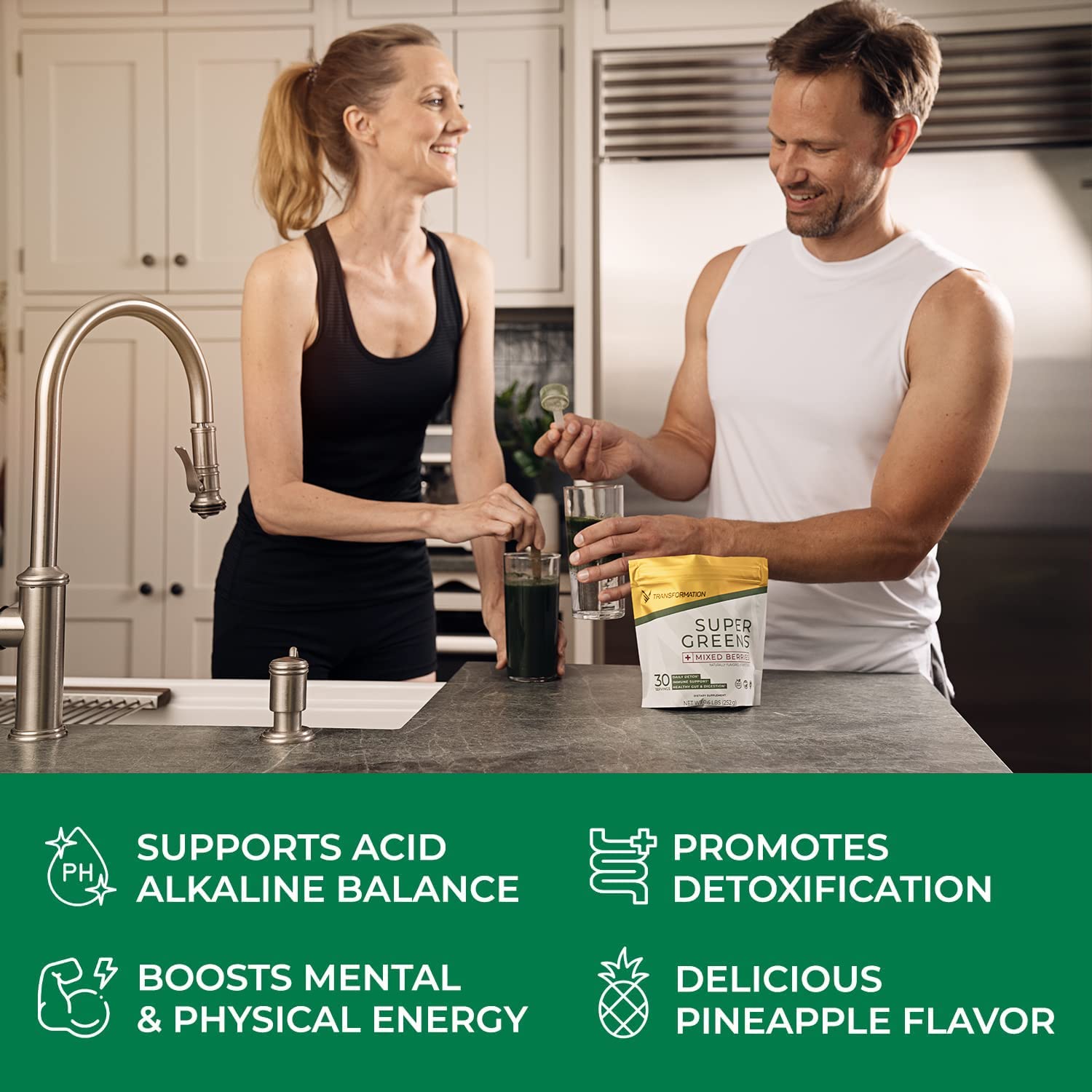 SPR BODY Transformation Super Greens on counter showing an easy wellness habit