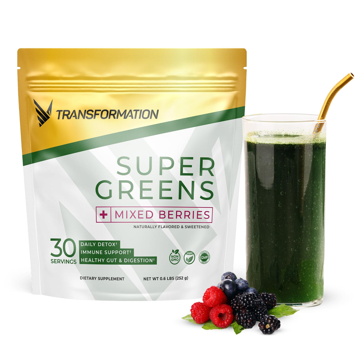 SPR BODY Transformation Super Greens tub displaying vibrant greens for daily wellness support