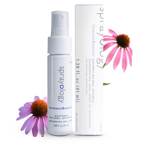 Sprayology ImmunoBooster bottle front showing compact immune support packaging.