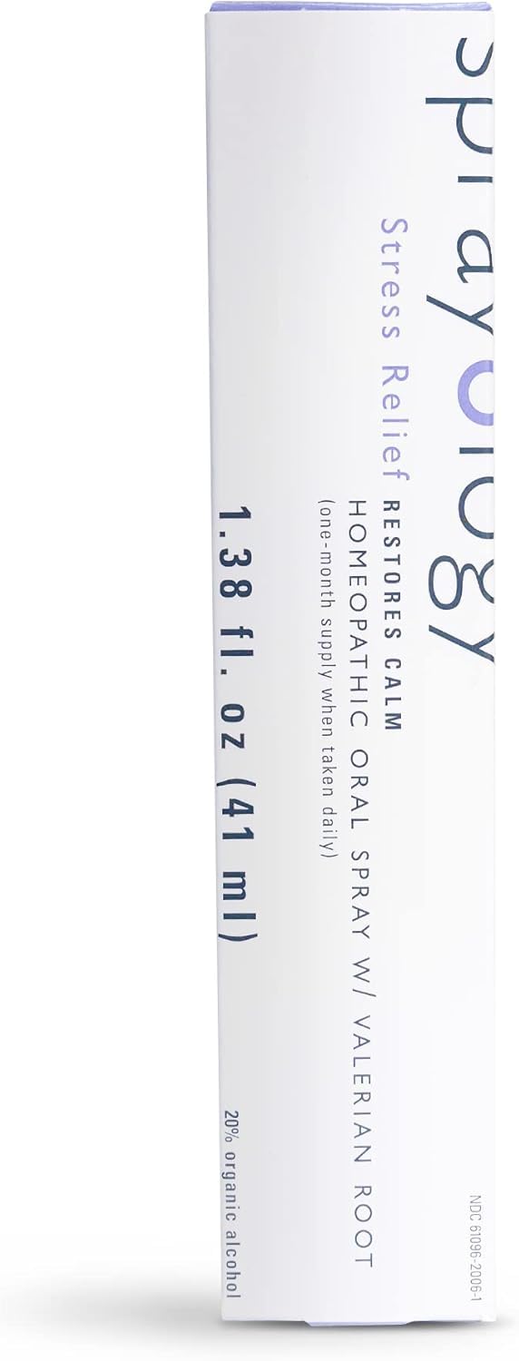 Sprayology StressRelief packaging box highlighting vegan and gluten-free formula