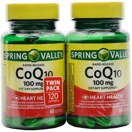 Spring Valley Co-Q10 100mg bottle viewed for daily energy and antioxidant support.