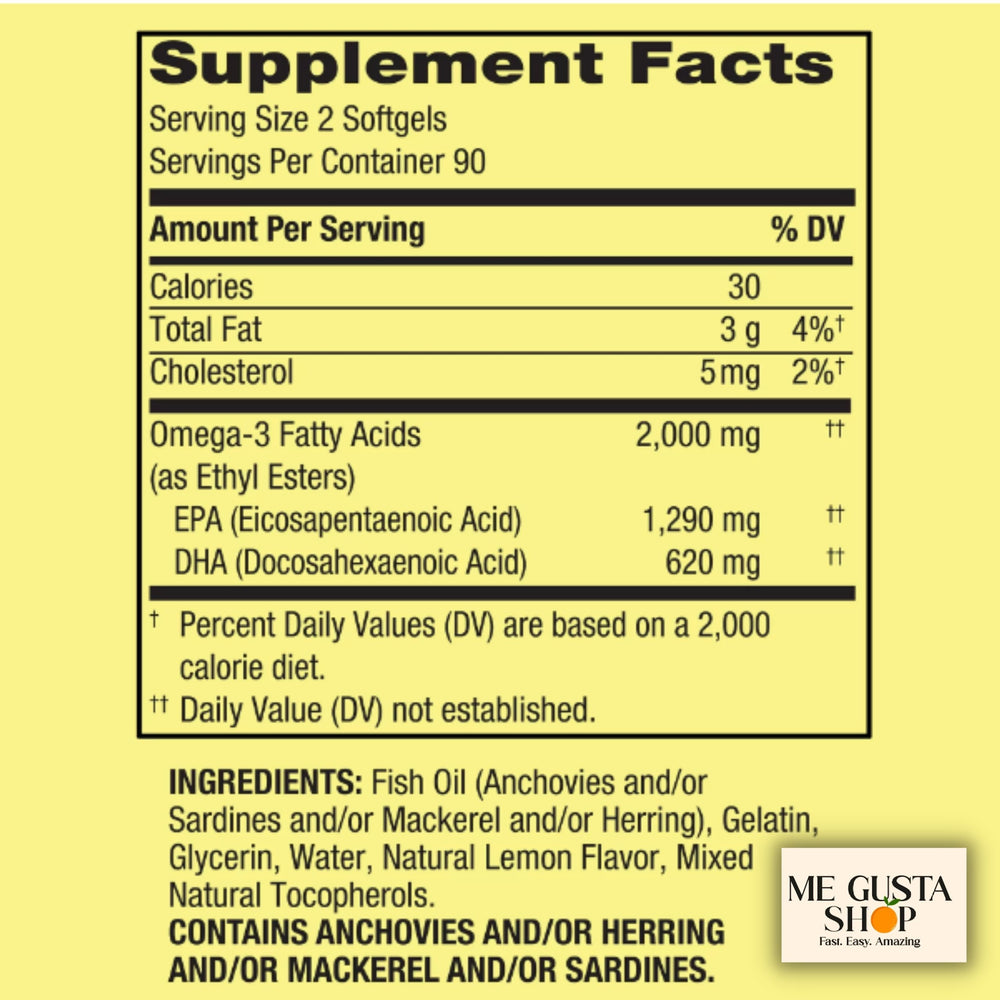 Close-up of Spring Valley Omega-3 capsules, showing 2000 mg per softgel.