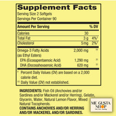 Close-up of Spring Valley Omega-3 capsules, showing 2000 mg per softgel.