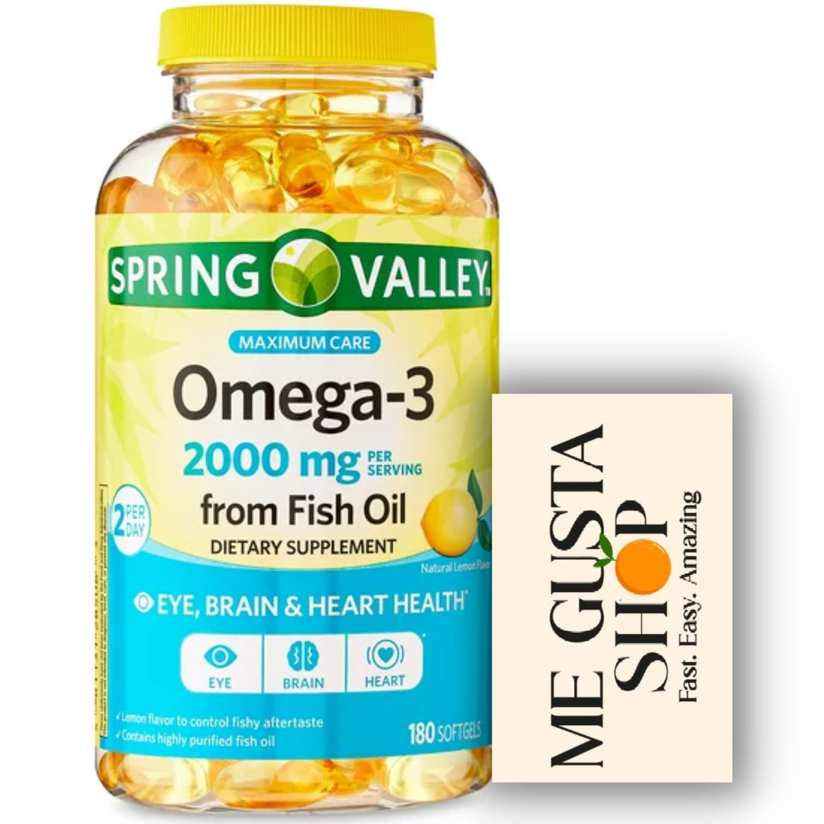 Spring Valley Omega-3 bottle front with 180 softgels for daily wellness.
