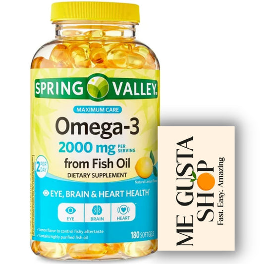 Spring Valley Omega-3 bottle front with 180 softgels for daily wellness.