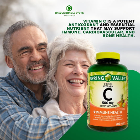 Close-up of Spring Valley vitamin C chewable tablets showing tropical flavor and texture