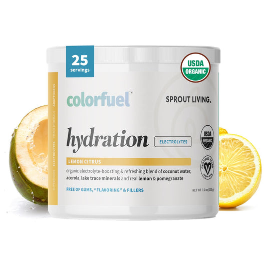 Sprout Living Colorfuel bottle pouring hydration for on-the-go workouts.
