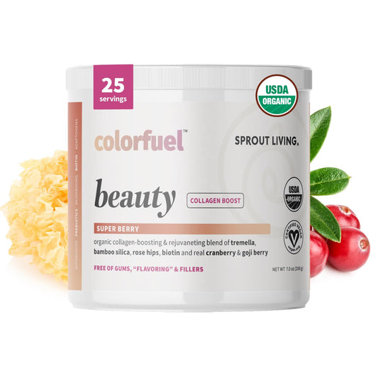 Sprout Living Colorfuel bottle scene, organic powder for daily beauty support.