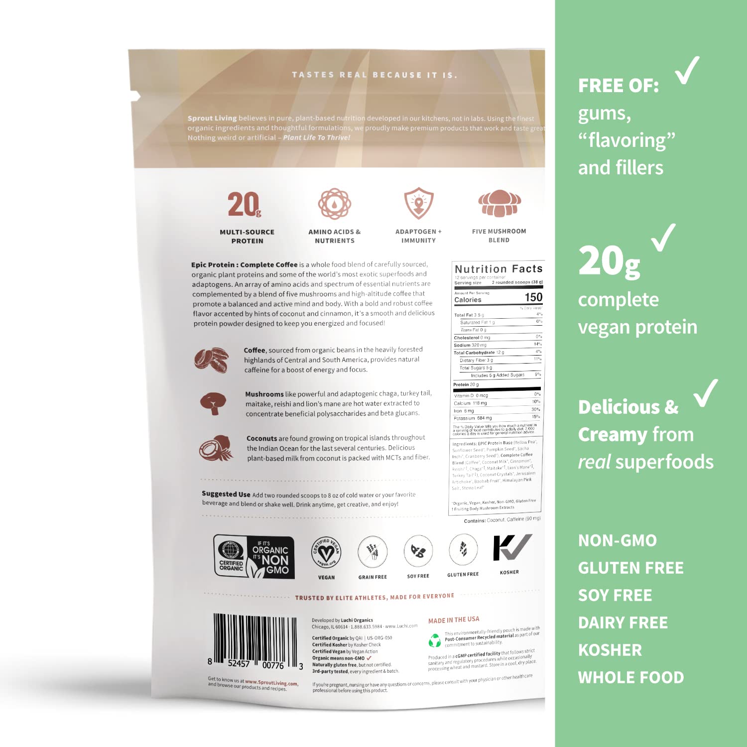 Sprout Living Epic Protein ingredients spoon, plant-based blend from five sources