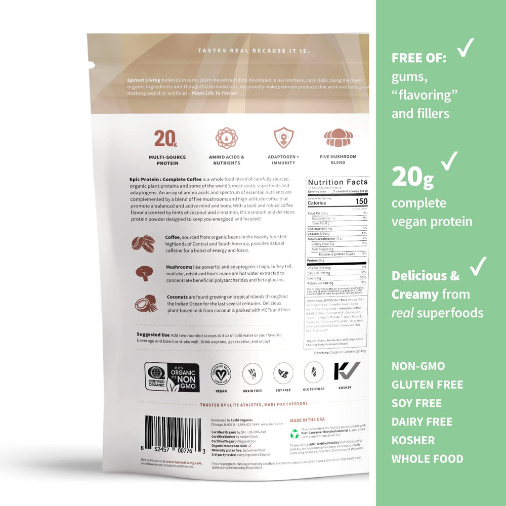 Sprout Living Epic Protein ingredients spoon, plant-based blend from five sources