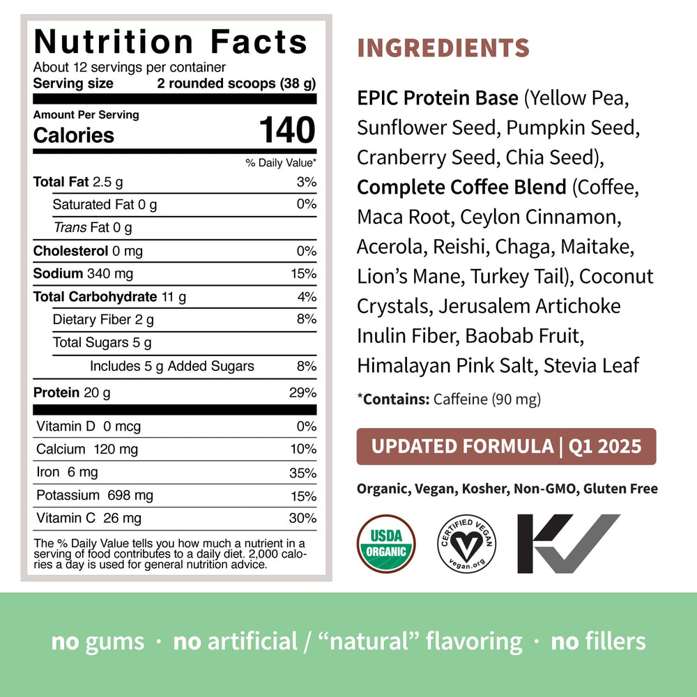 Sprout Living Epic Protein mushroom blend shows Reishi, Chaga, Maitake, Lion's Mane