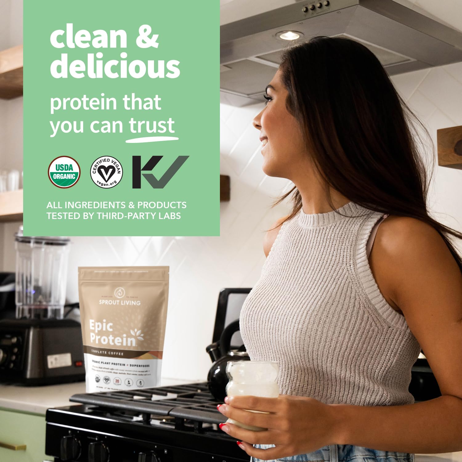 Sprout Living Epic Protein tub label highlights clean ingredients and 20 g protein