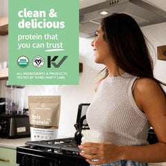 Sprout Living Epic Protein tub label highlights clean ingredients and 20 g protein