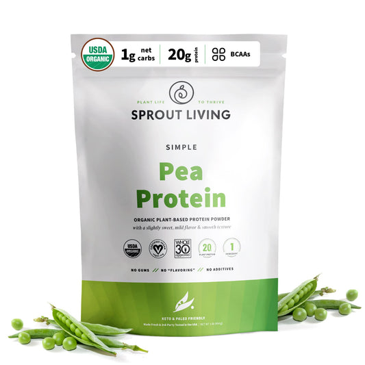 Sprout Living Organic Pea Protein Powder canister shows clean ingredients and neutral protein base for shakes