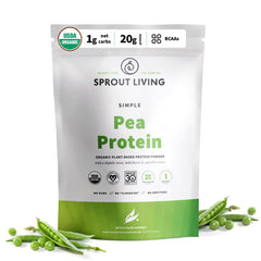 Sprout Living Organic Pea Protein Powder canister shows clean ingredients and neutral protein base for shakes