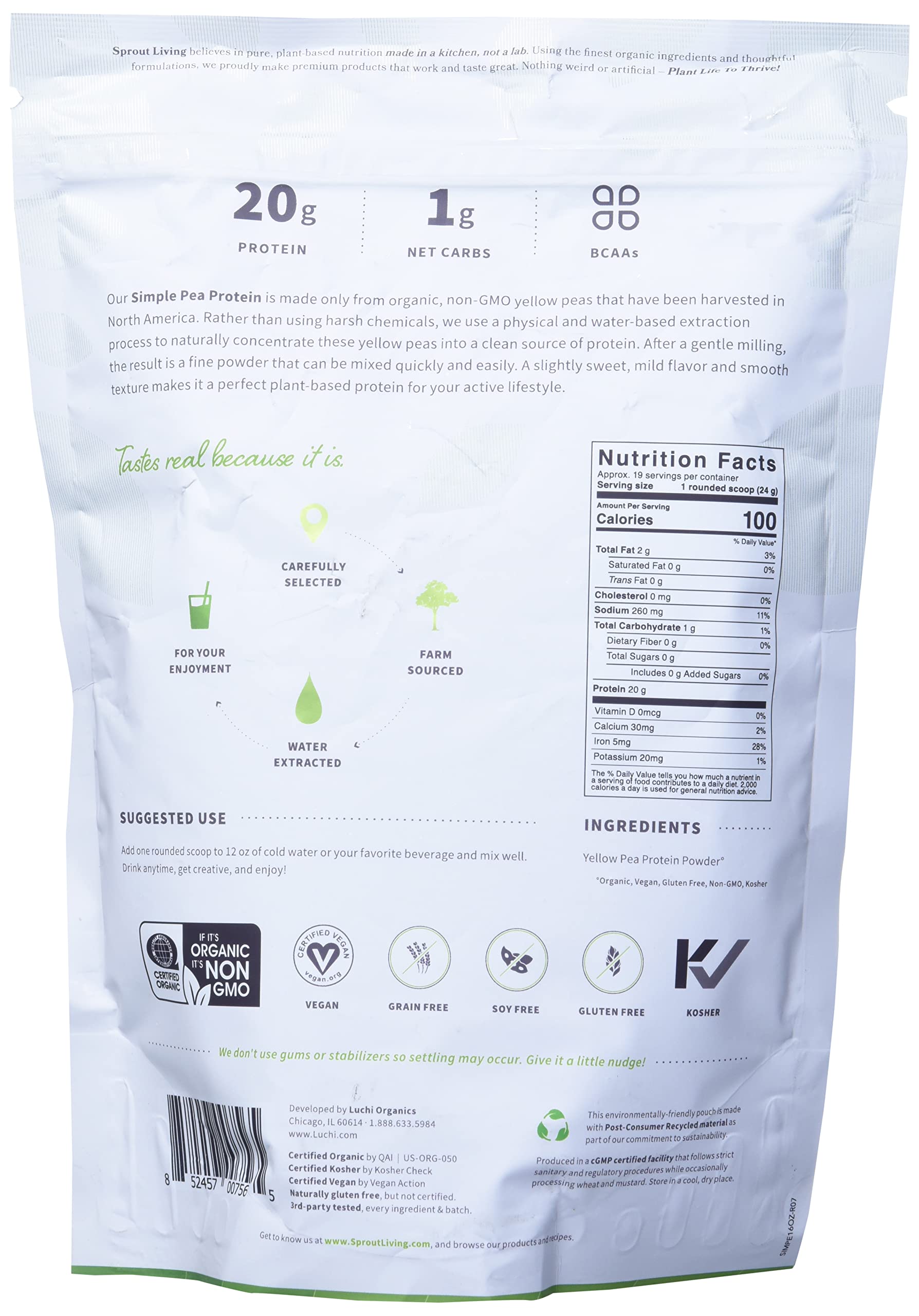 Sprout Living pea protein powder being poured into a glass for a smoothie