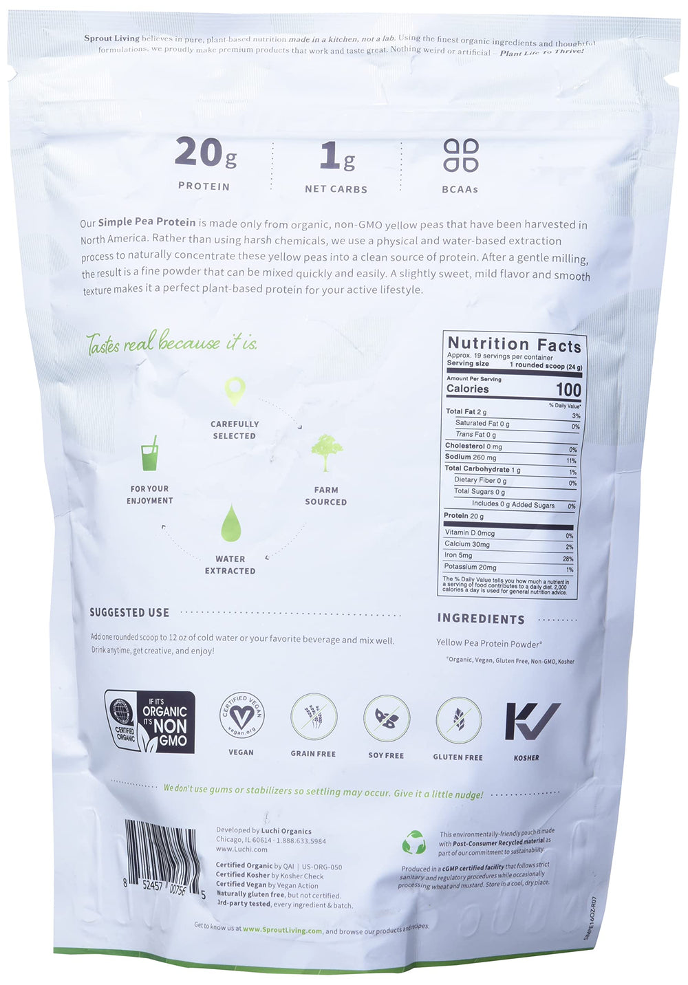 Sprout Living pea protein powder being poured into a glass for a smoothie