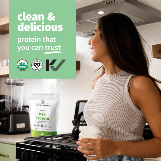 Sprout Living pea protein powder scoop indicating convenient 20 g servings
