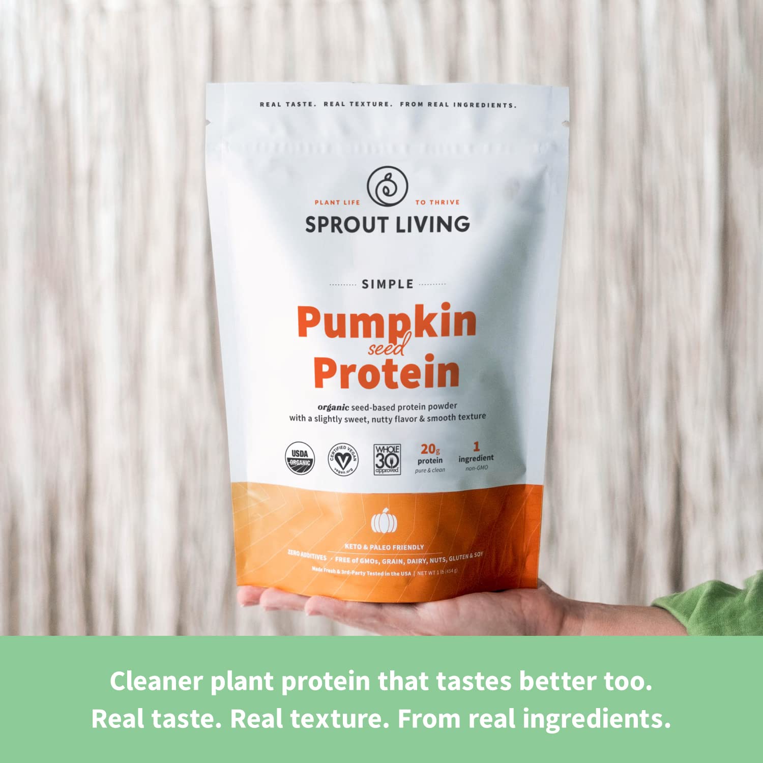 Sprout Living Simple Pumpkin Seed Protein Ingredients list shows organic non-GMO, no artificial additives.