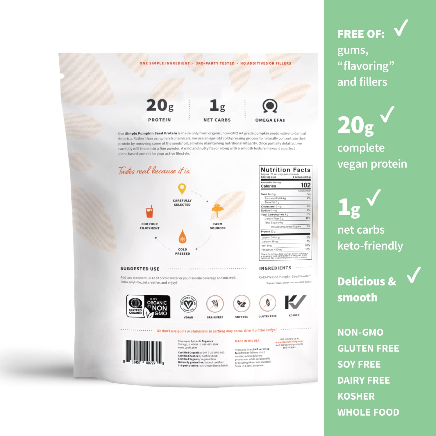 Sprout Living Simple Pumpkin Seed Protein Powder scoop ready to boost smoothies with 20 g.