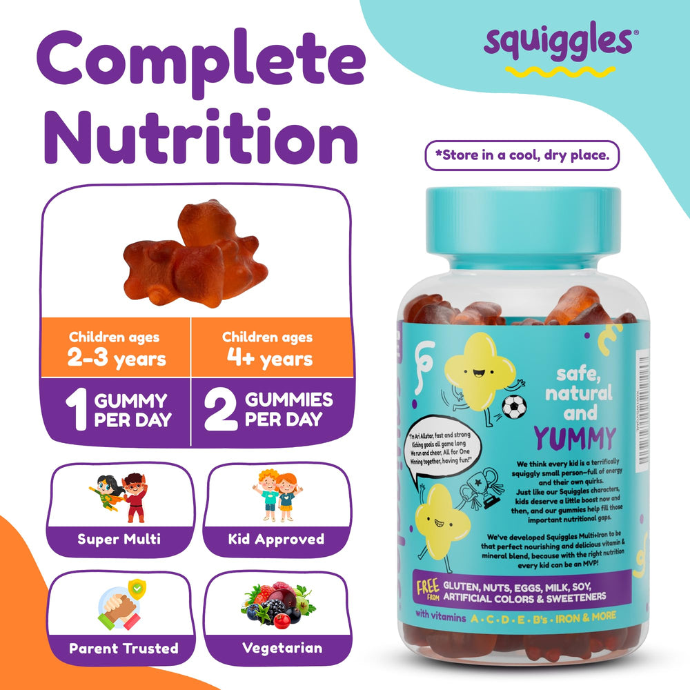 Squiggles bottle label highlights vitamins and minerals for kids' health.