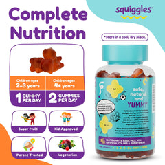 Squiggles bottle label highlights vitamins and minerals for kids' health.