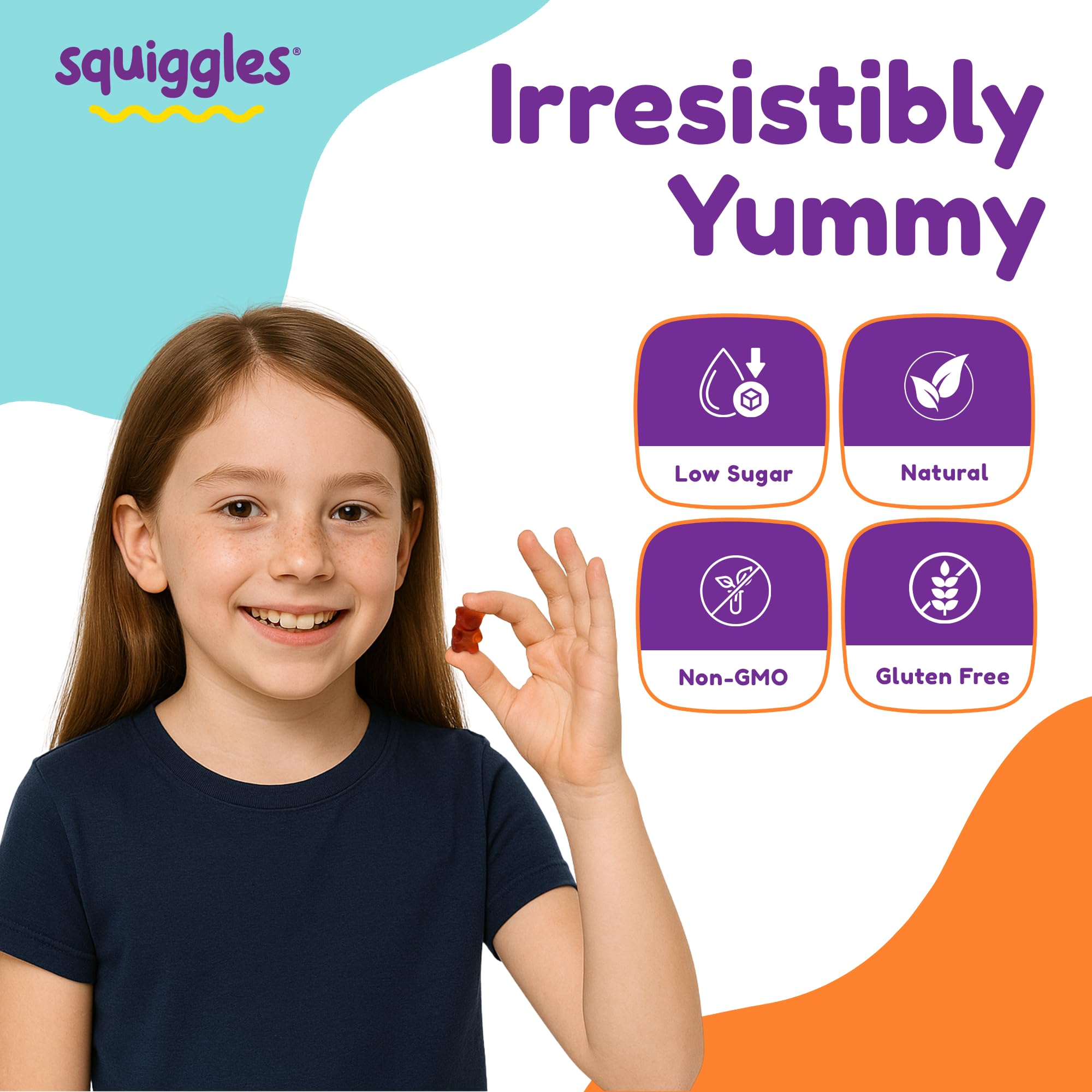 Squiggles soft chewy gummies texture makes vitamins easy for kids.