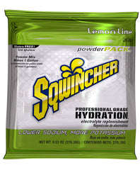 Sqwincher lemon-lime electrolyte powder packet for quick on-site hydration and replenishment.