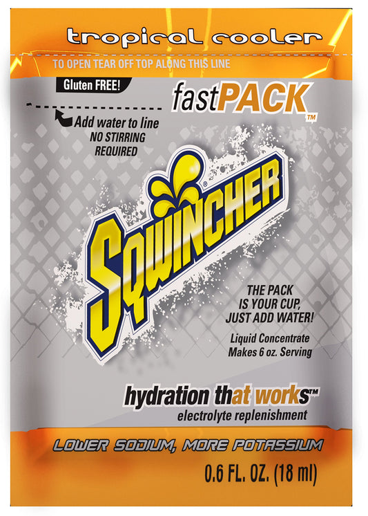 Sqwincher orange fast pack packet for rapid electrolyte replacement in hot conditions.