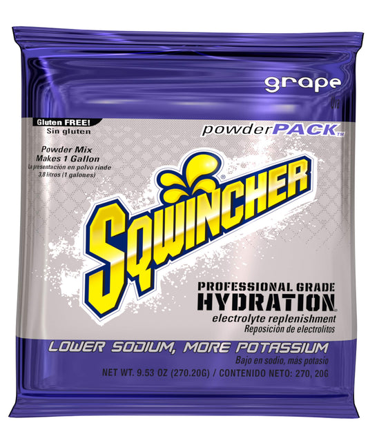 Sqwincher purple concentrate pack for easy hydration with a 1 gallon yield in hot work environments