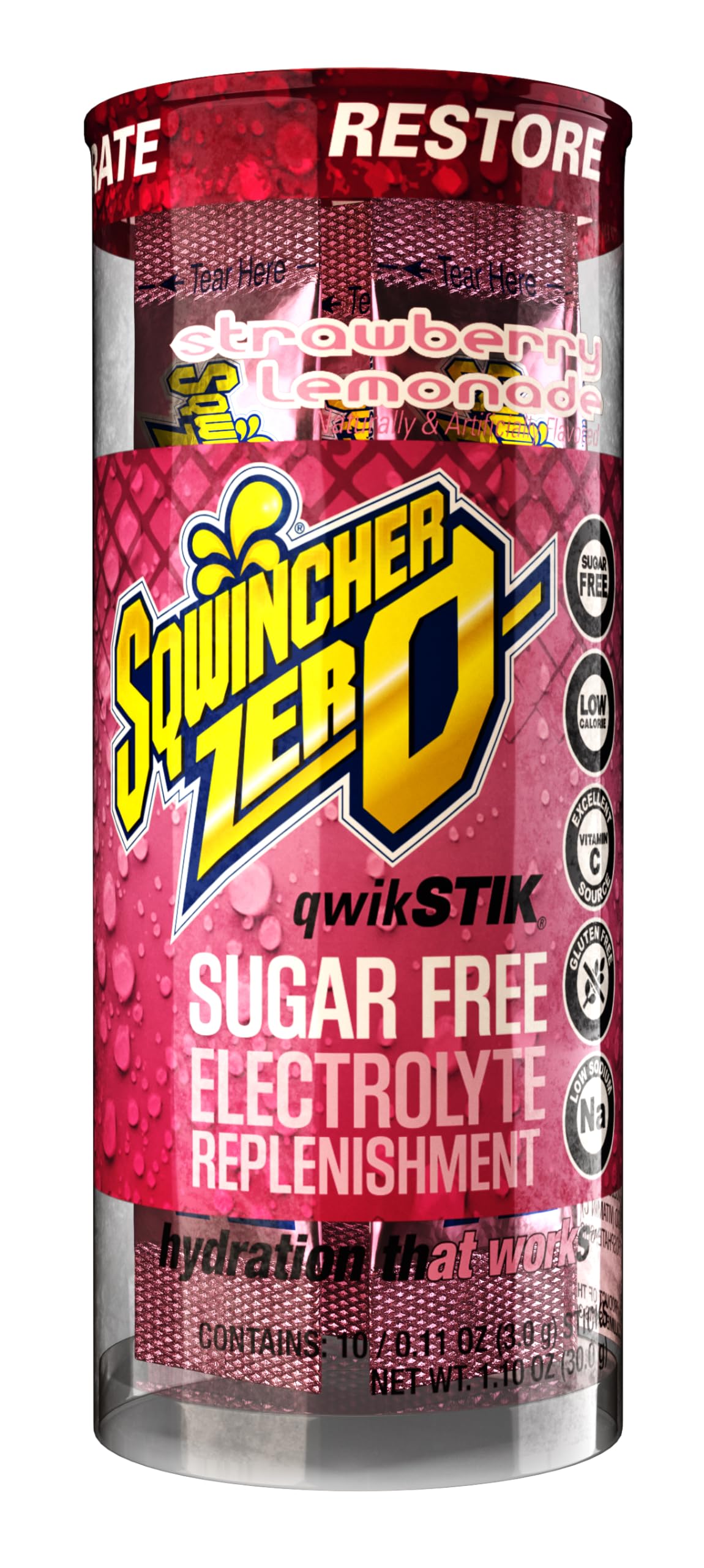 Sqwincher Zero Qwik Stik single-serve packet quickly dissolves in water