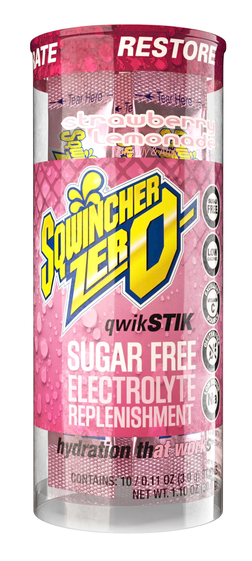 Sqwincher Zero Qwik Stik single-serve packet quickly dissolves in water
