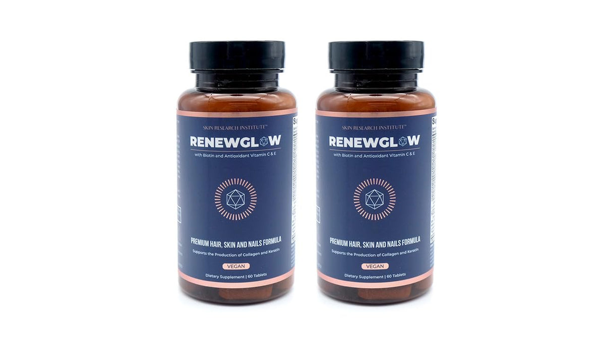 SRILabs Renewglow bottle angled to showcase capsules for hair health support.