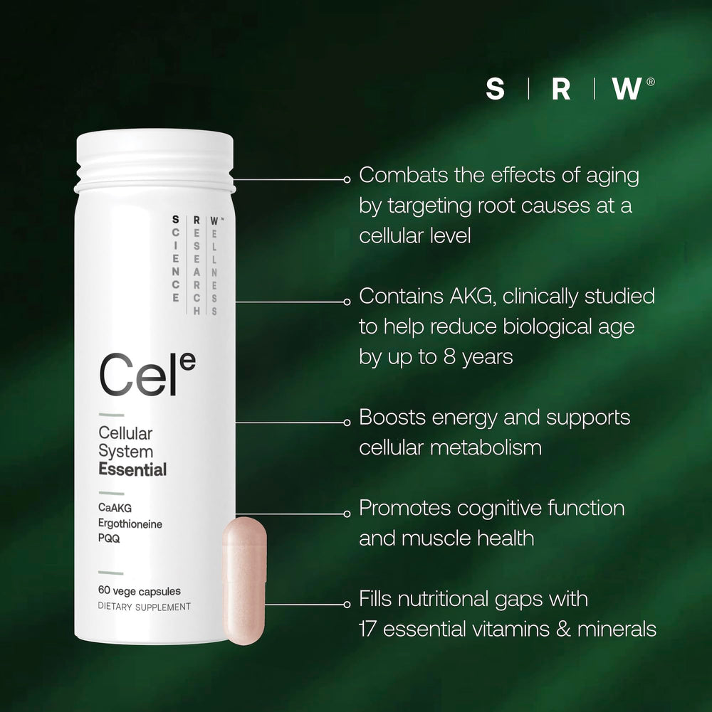 SRW Cel Essential label close-up showing nutrients for daily nourishment.