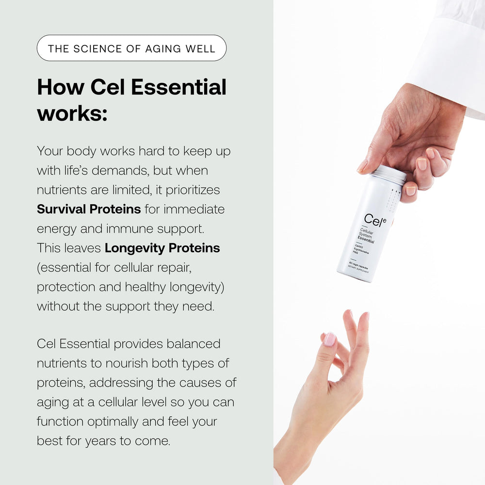 SRW Cel Essential packaging box communicates premium aging wellness on a shelf.