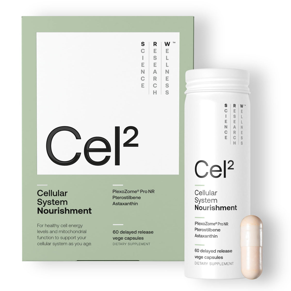 SRW Cel² Nourishment bottle front displays premium packaging for daily NAD+ support