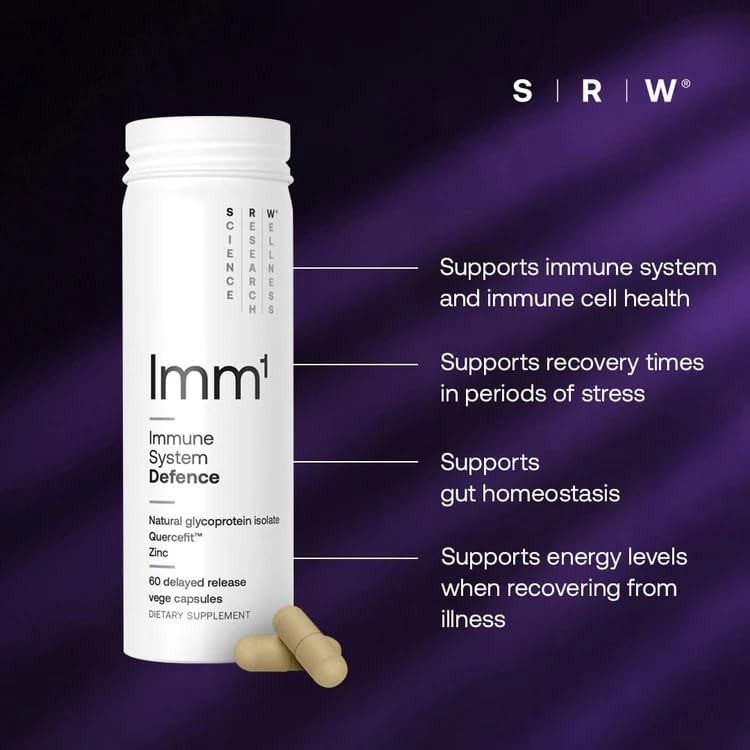 SRW Imm1 Defence label close-up featuring Muno-IgY glycoprotein isolate and quercetin.