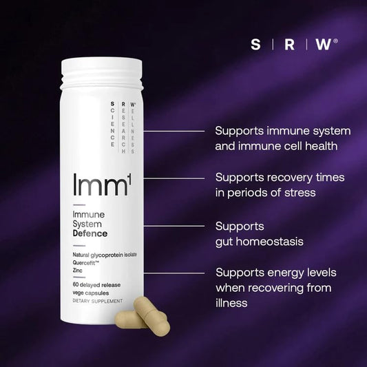 SRW Imm1 Defence label close-up featuring Muno-IgY glycoprotein isolate and quercetin.