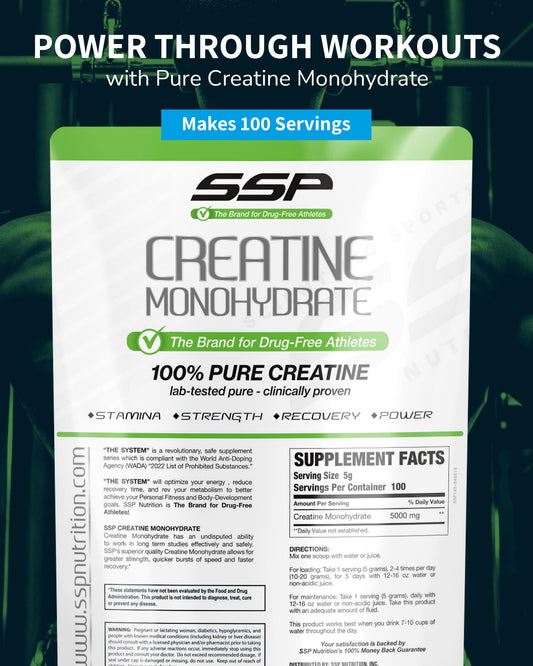 SSP Creatine Monohydrate poured into a glass for hydration during workouts.