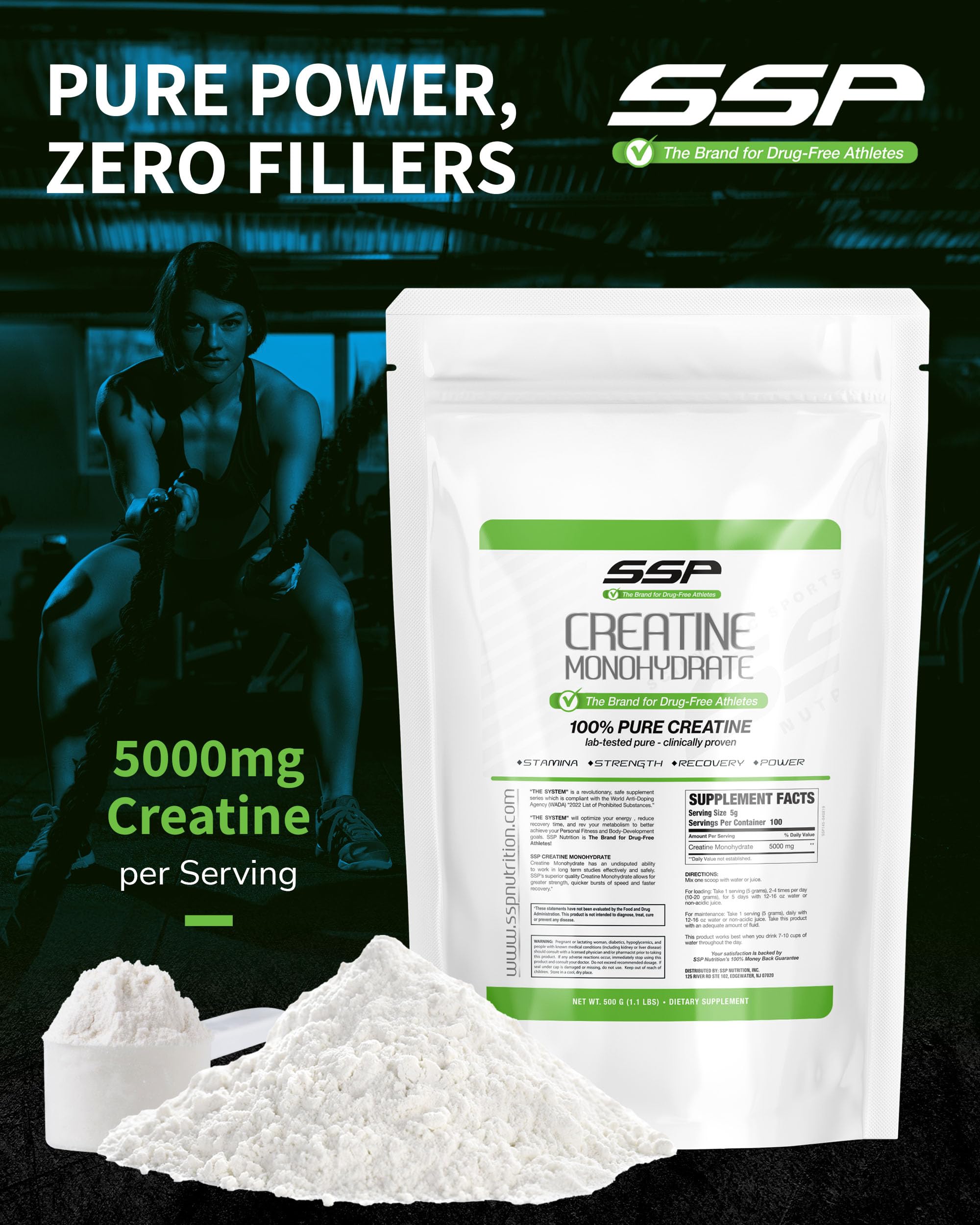 Scoop of SSP Creatine Monohydrate ready to mix for workouts.