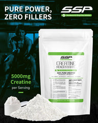 Scoop of SSP Creatine Monohydrate ready to mix for workouts.