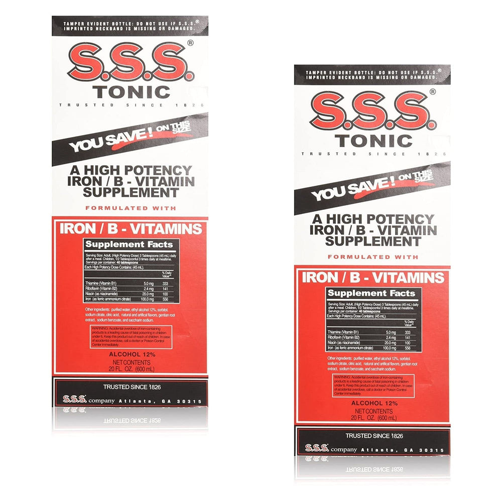 S.S.S. Tonic iron bottle being poured to support daily energy and iron intake.